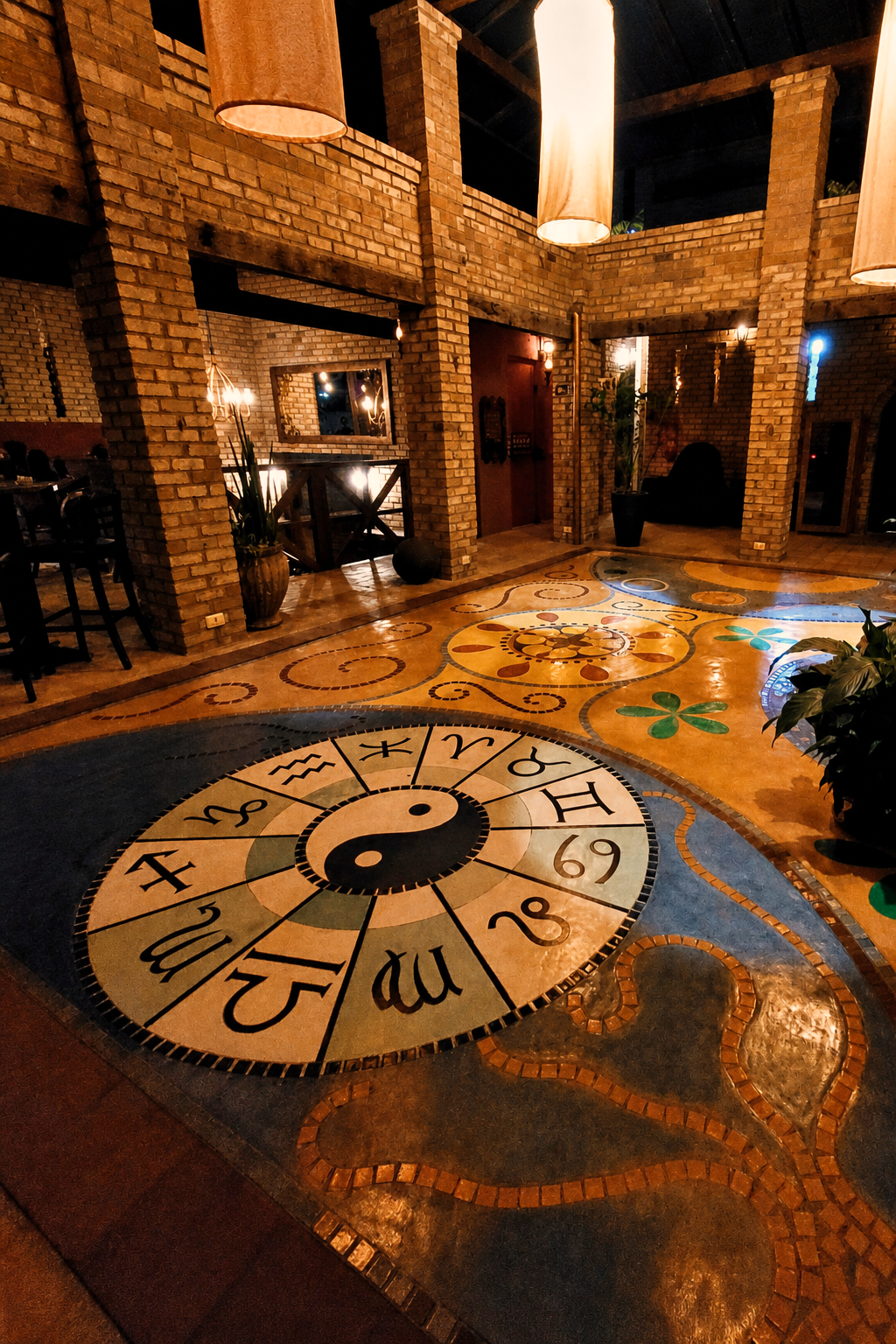 Piso artístico com mandala e signos do zodíaco no salão principal